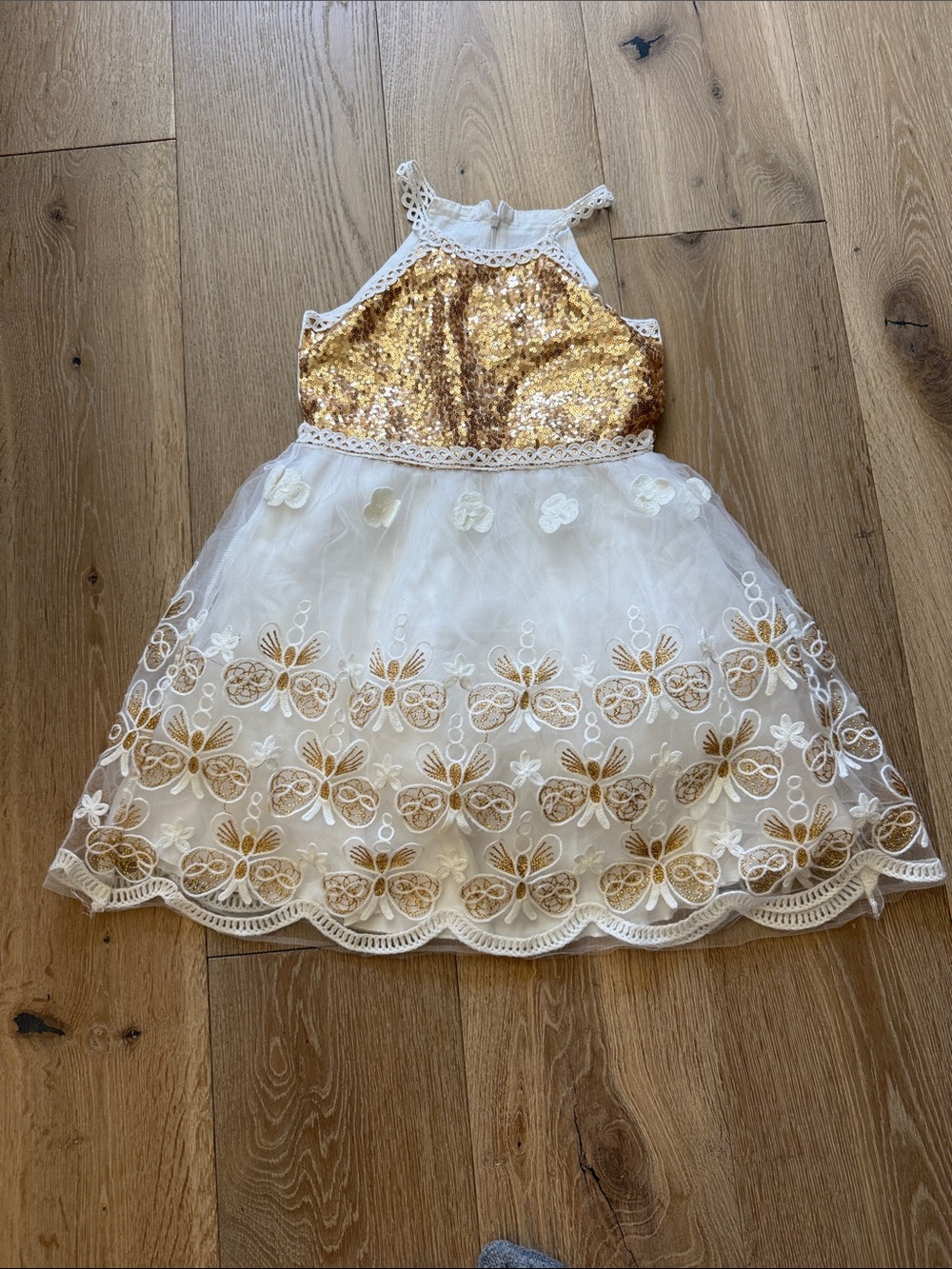 Girls White and Gold Sequin Bodice Formal Dress
